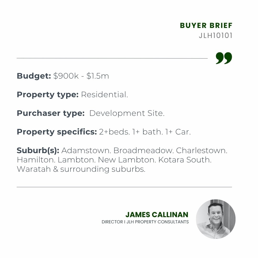🔎 Active Buyer Briefs.

On behalf of our clients we are searching for some exciting new opportunities

What’s the specs:

💲 Budgets up to $1.5m
📝 Investment | Owner Occupier | Development
🏠 Residential
🛌 Min 2+ bedrooms
📍 Newcastle | Lake Mac | Maitland LGA’s
 
📄 See brief or DM me for more details.

#jlhproperty #buyeracquisition #newcastleproperty #propertysearch